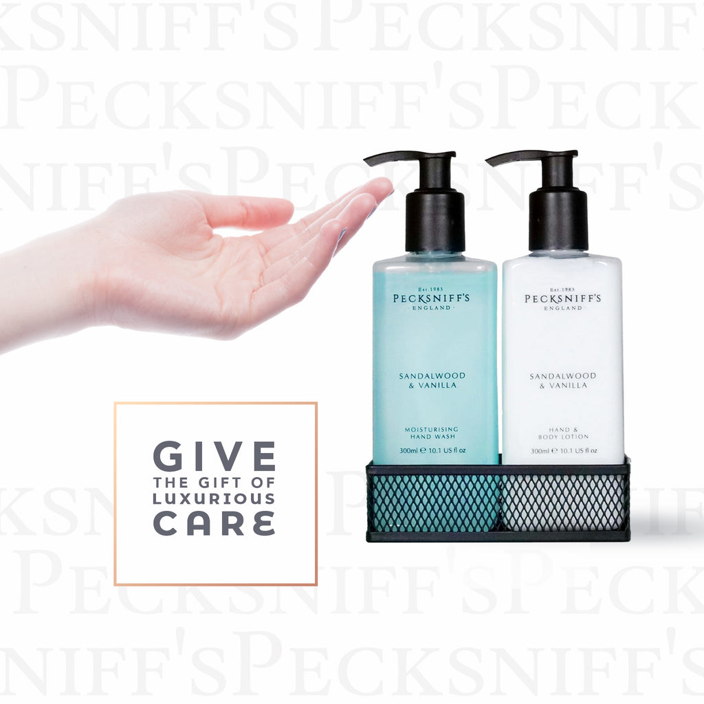 Pecksniffs Sandalwood and Vanilla Moisturizing Hand Wash and Hand Lotion in a Black Mesh Caddy | 300ml/10.14 Fl oz