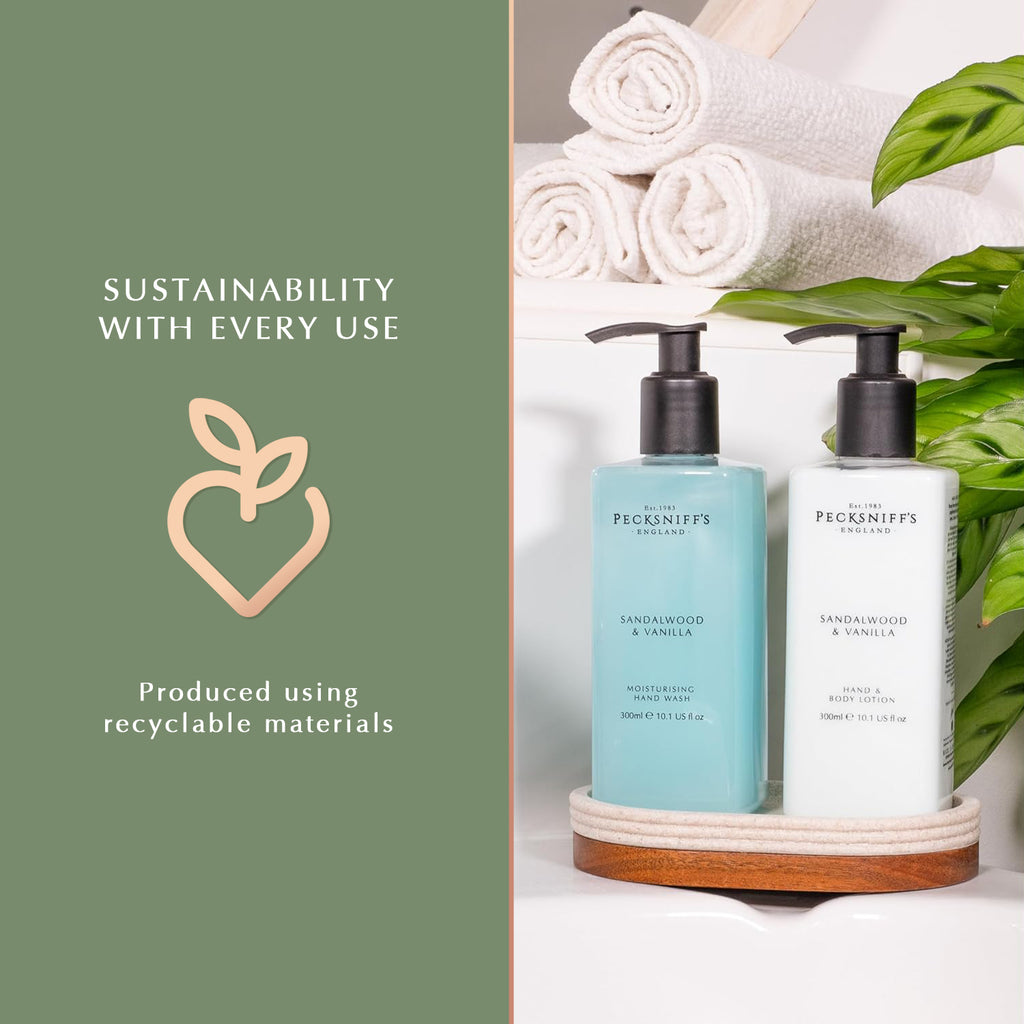 Pecksniffs Sandalwood and Vanilla Moisturizing Hand Wash and Hand Lotion in a Black Mesh Caddy | 300ml/10.14 Fl oz