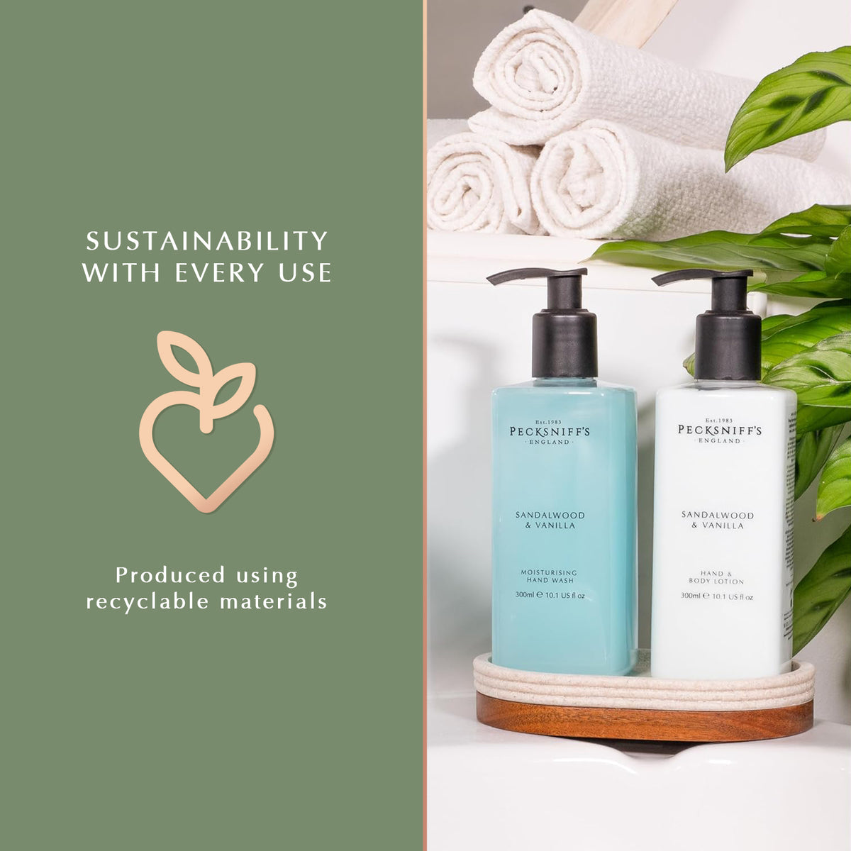 Pecksniffs Sandalwood and Vanilla Moisturizing Hand Wash and Hand Lotion in a Black Mesh Caddy | 300ml/10.14 Fl oz