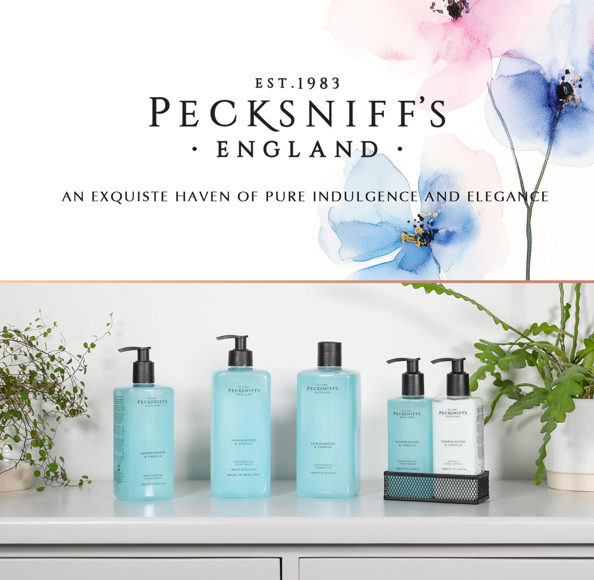 Pecksniffs Sandalwood and Vanilla Moisturizing Hand Wash and Hand Lotion in a Black Mesh Caddy | 300ml/10.14 Fl oz