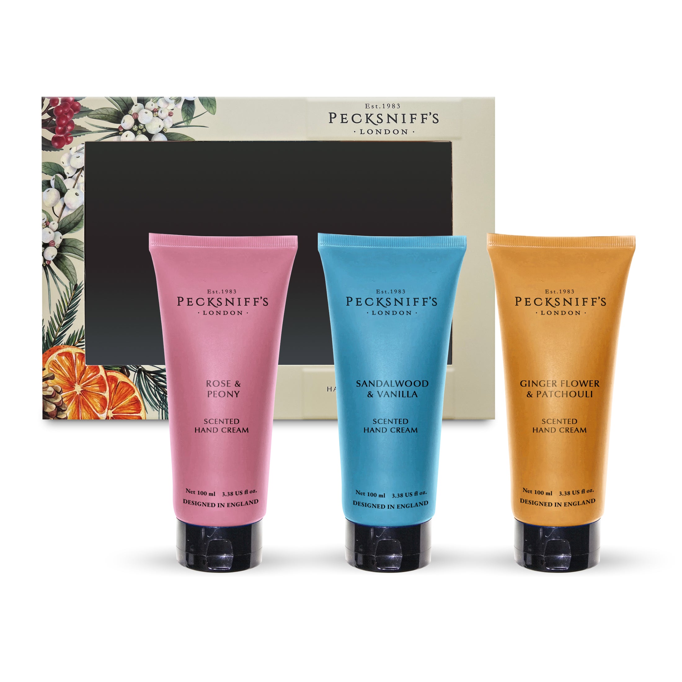 Pecksniff’s Hand Cream Collection – 3 Piece Gift Set, Moisturizing Hand Cream 100ml Tubes – Rose & Peony, Sandalwood & Vanilla, Ginger Flower & Patchouli – Luxury Skincare Gift for Women & Men