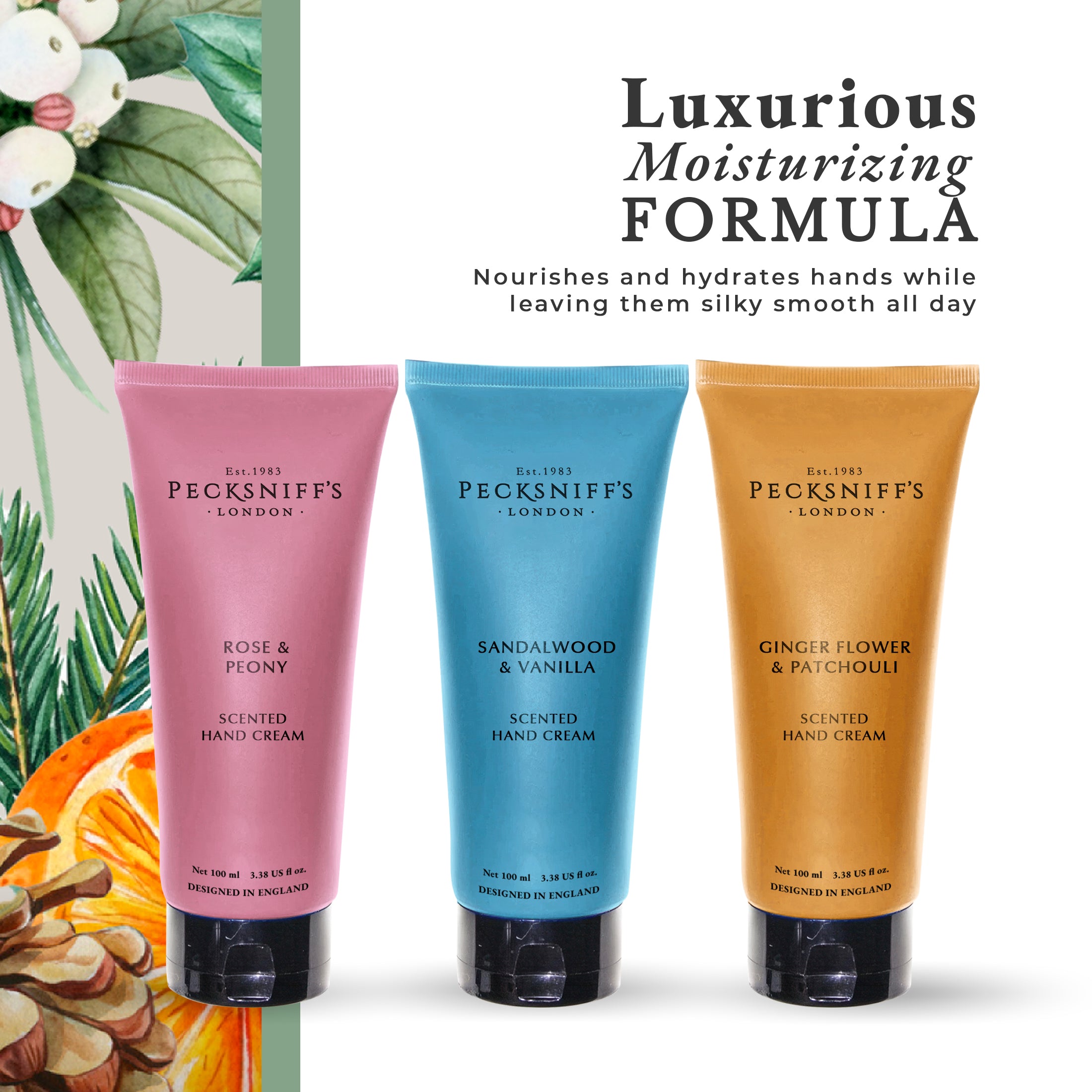Pecksniff’s Hand Cream Collection – 3 Piece Gift Set, Moisturizing Hand Cream 100ml Tubes – Rose & Peony, Sandalwood & Vanilla, Ginger Flower & Patchouli – Luxury Skincare Gift for Women & Men