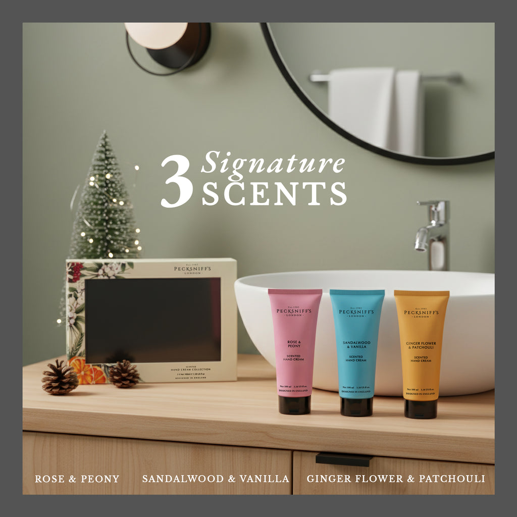 Pecksniff’s Hand Cream Collection – 3 Piece Gift Set, Moisturizing Hand Cream 100ml Tubes – Rose & Peony, Sandalwood & Vanilla, Ginger Flower & Patchouli – Luxury Skincare Gift for Women & Men