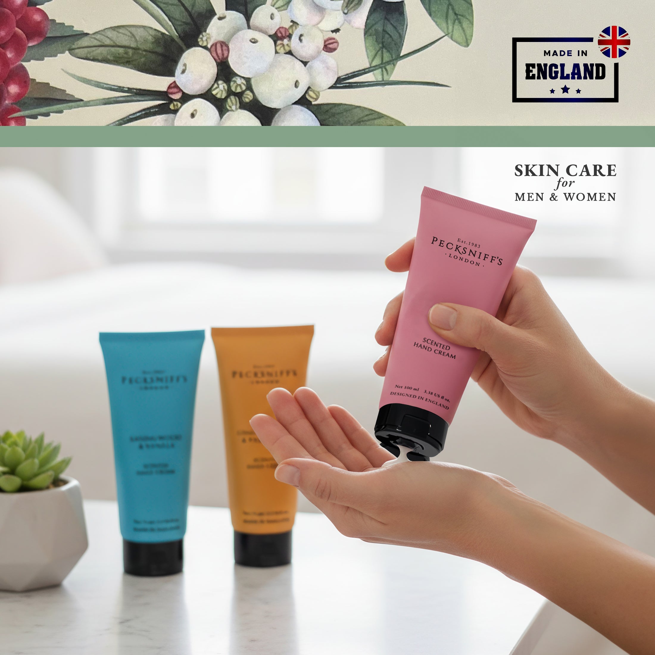 Pecksniff’s Hand Cream Collection – 3 Piece Gift Set, Moisturizing Hand Cream 100ml Tubes – Rose & Peony, Sandalwood & Vanilla, Ginger Flower & Patchouli – Luxury Skincare Gift for Women & Men