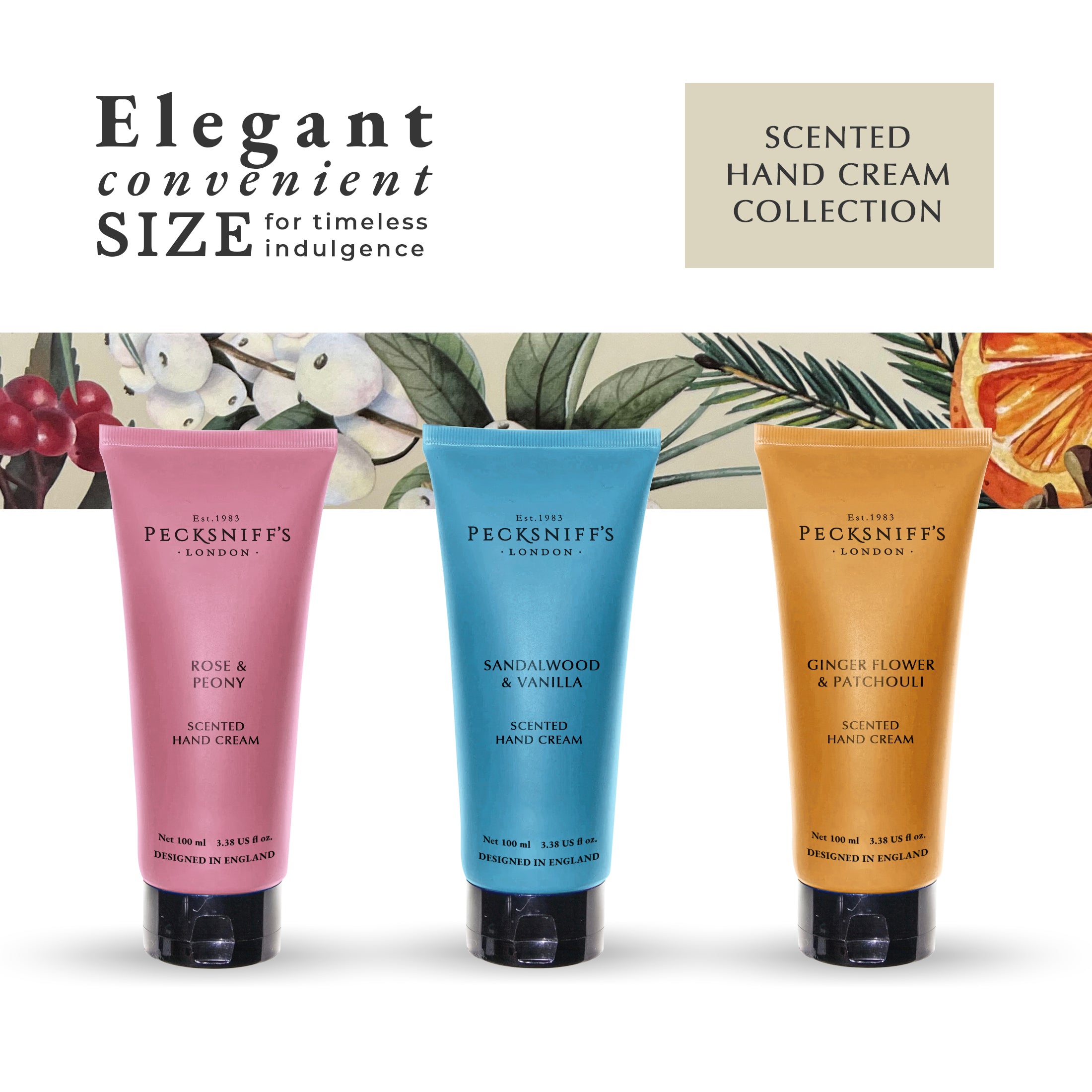 Pecksniff’s Hand Cream Collection – 3 Piece Gift Set, Moisturizing Hand Cream 100ml Tubes – Rose & Peony, Sandalwood & Vanilla, Ginger Flower & Patchouli – Luxury Skincare Gift for Women & Men