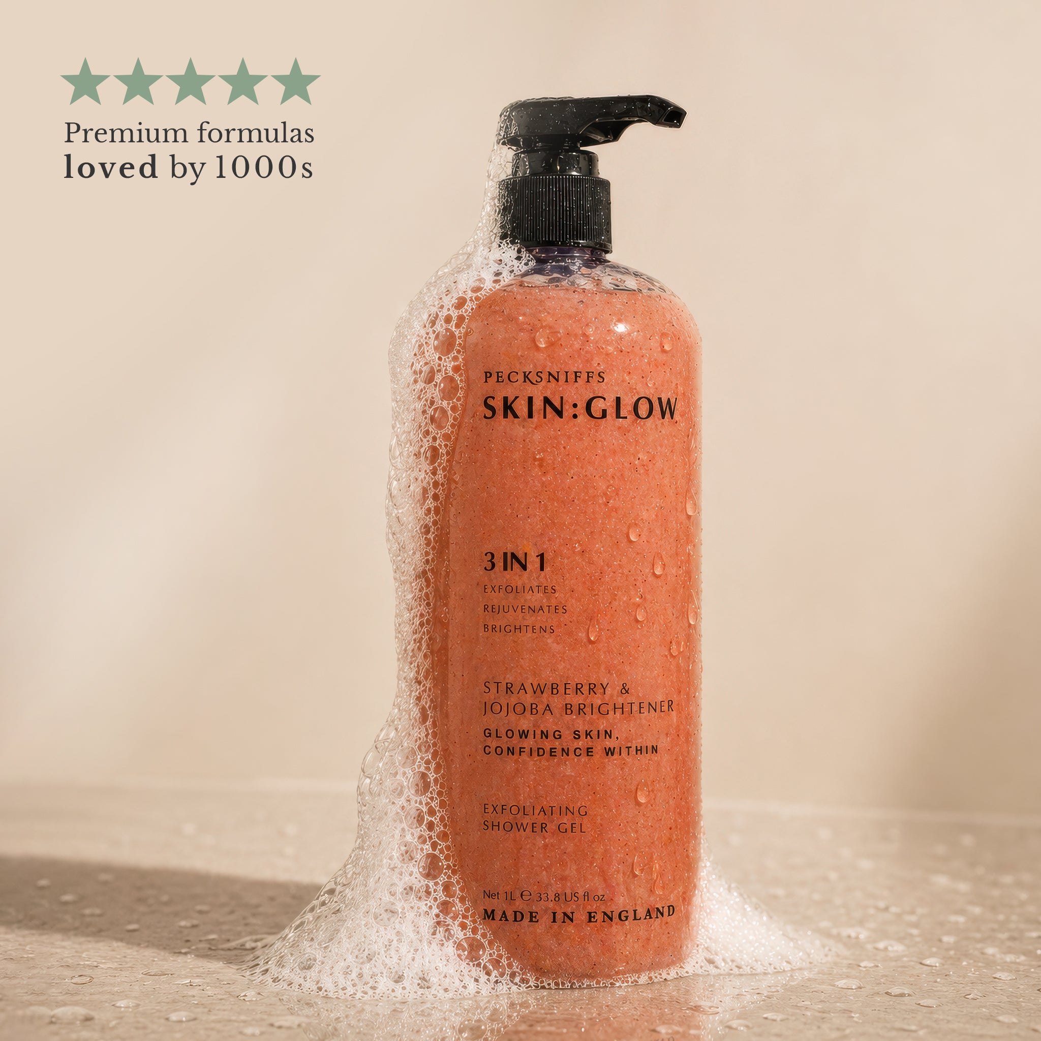 Pecksniffs Strawberry and Jojoba Brightener Exfoliating Shower Gel | 1000 ml / 33.80 Fl Oz