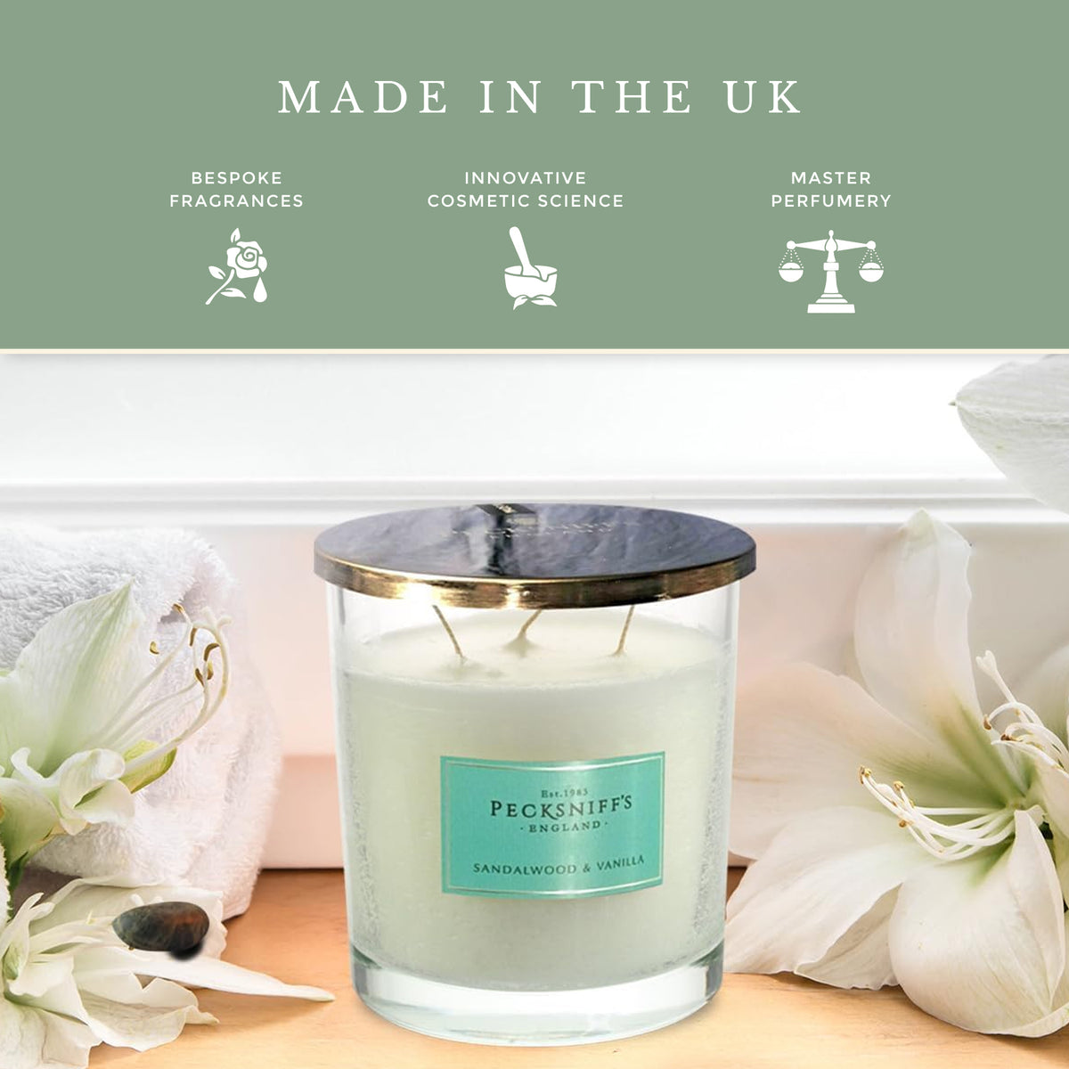 Pecksniff's Classic Sandalwood & Vanilla Scented Candle | 3 Wicks, 550g/19.4oz