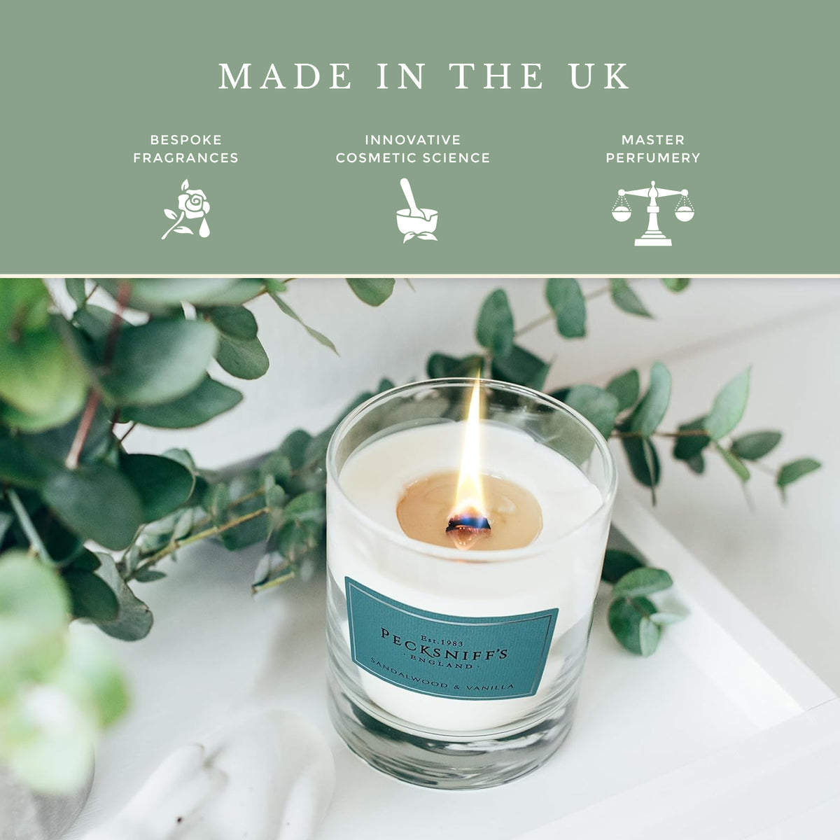 Pecksniff's Classic Sandalwood & Vanilla Scented Candle | 1 Wick, 184g/6.49oz