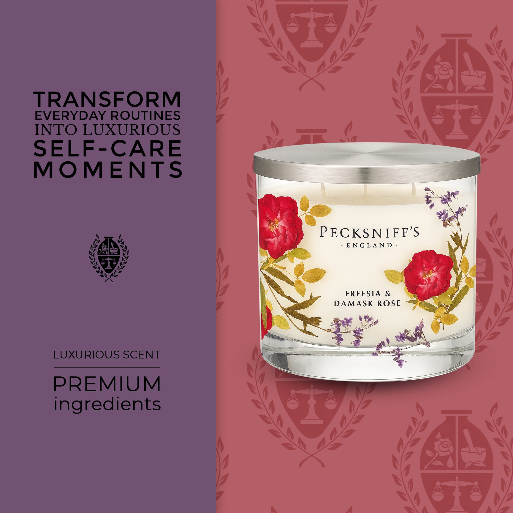 Pecksniff’s 3 Wick Candle – Freesia & Damask Rose, 550 g / 19.4 oz – Long Lasting Burn, Elegant Home Decor & Relaxing Ambiance