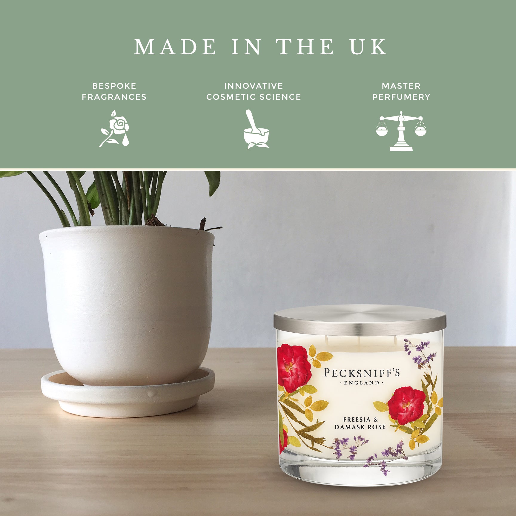 Pecksniff’s 3 Wick Candle – Freesia & Damask Rose, 550 g / 19.4 oz – Long Lasting Burn, Elegant Home Decor & Relaxing Ambiance