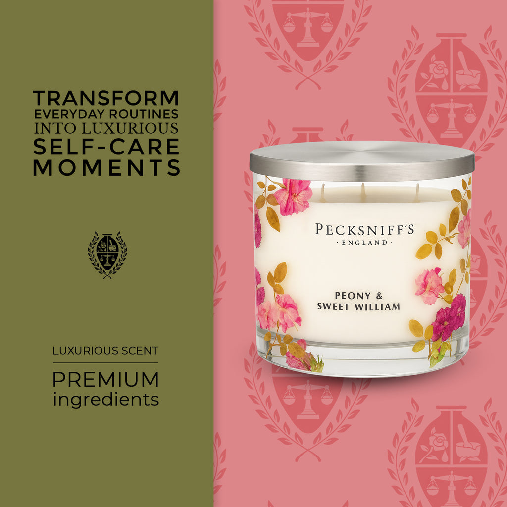 Pecksniff’s 3 Wick Candle – Peony & Sweet William, 550 g / 19.4 oz – Long Lasting Burn, Elegant Home Decor & Relaxing Ambiance