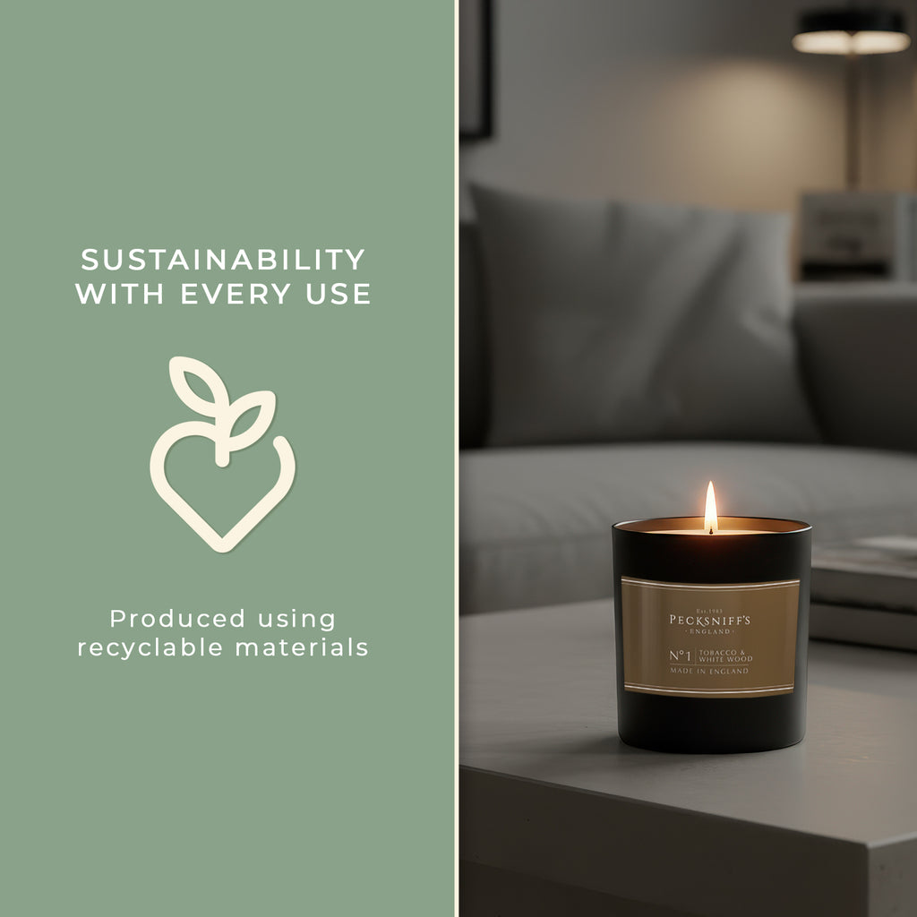 Pecksniff’s Tobacco & White Wood Scented Candle – 1 Wick, 184 g/6.49 oz – Oriental Luxury Fragrance – Black Glass Vessel – Made in England