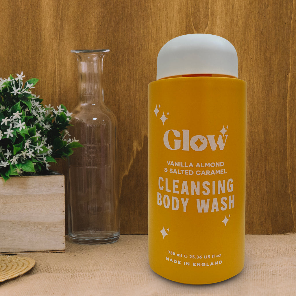 Glow Cleansing Body Wash – Vanilla Almond & Salted Caramel, 750 ml / 25.36 fl oz – Warm Nutty Fragrance, Skin-Softening Formula, Made in England