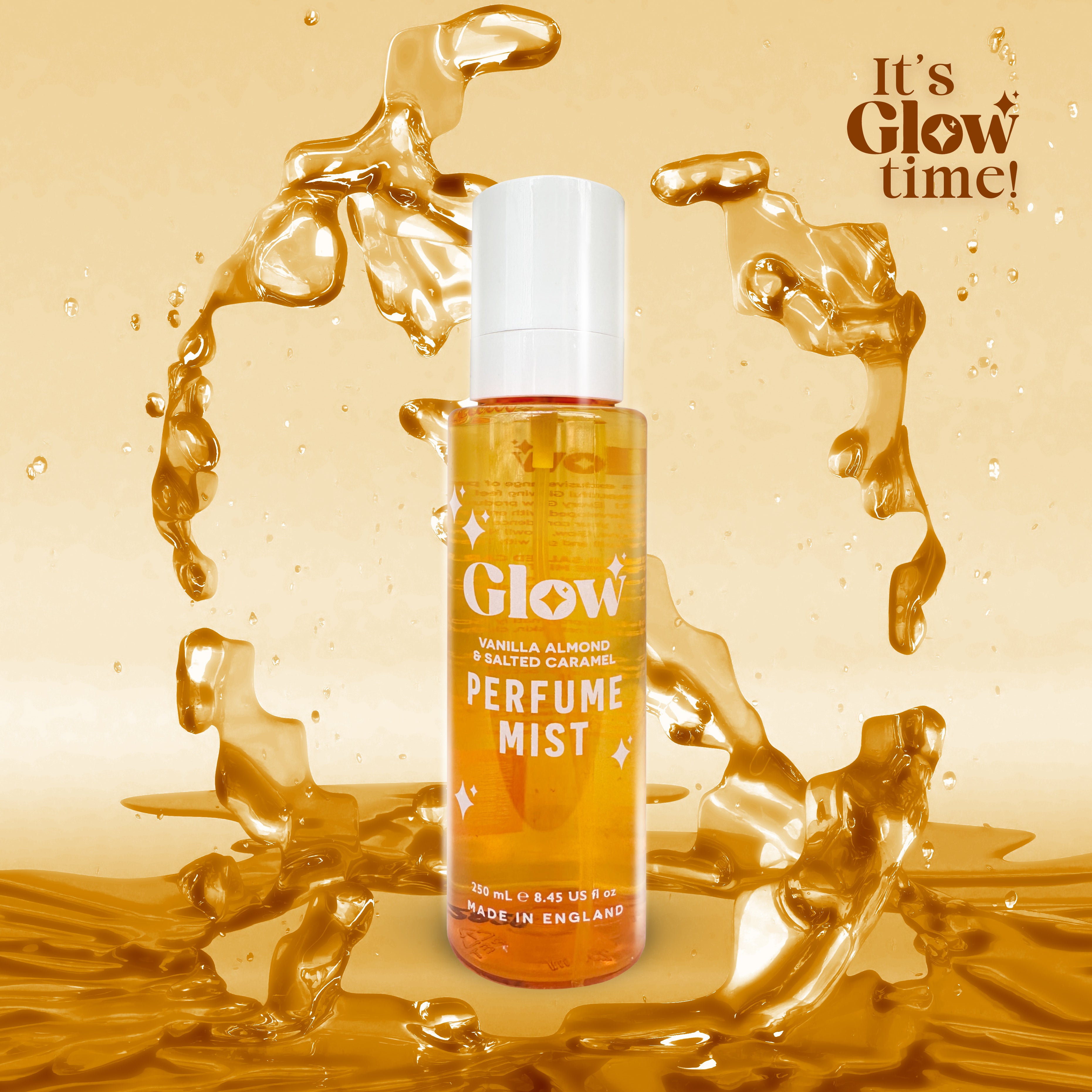 Glow Perfume Mist, Vanilla Almond & Salted Caramel Body Spray, 250 ml / 8.45 fl oz, Made in England
