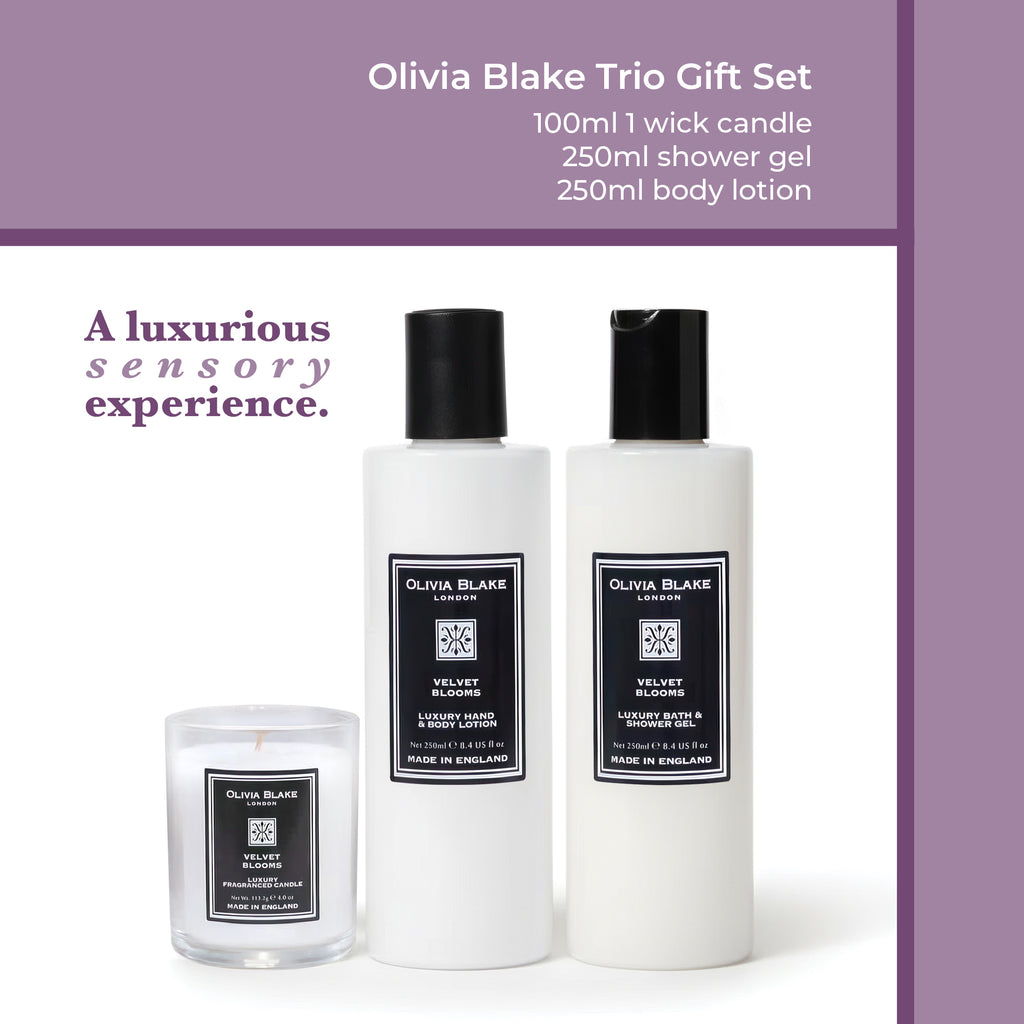 Olivia Blake Velvet Blooms Trio Gift Set – Luxury Bath & Shower Gel 250ml, Hand & Body Lotion 250ml, Fragranced Candle 100ml – Elegant Home & Body Collection, Made in London