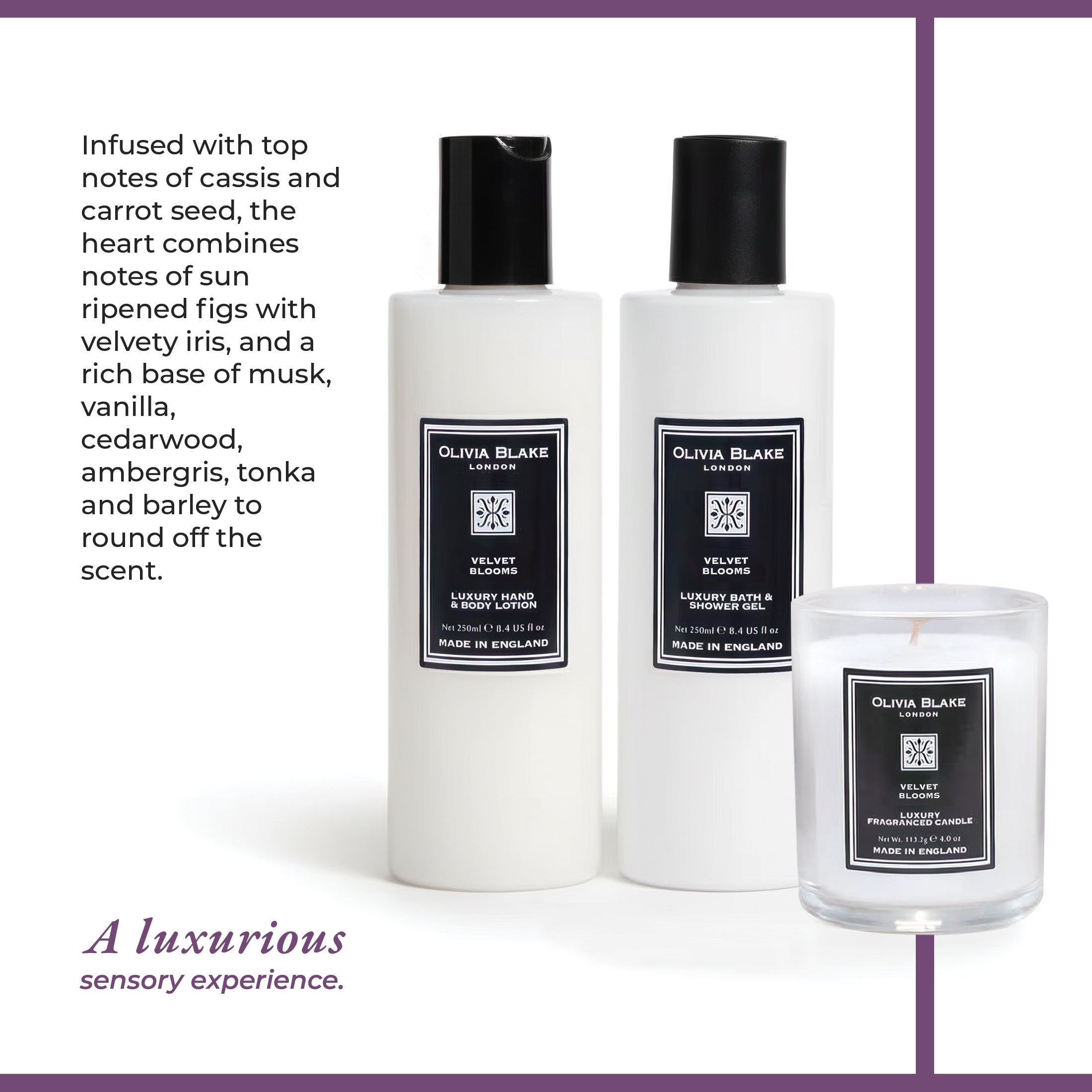 Olivia Blake Velvet Blooms Trio Gift Set – Luxury Bath & Shower Gel 250ml, Hand & Body Lotion 250ml, Fragranced Candle 100ml – Elegant Home & Body Collection, Made in London