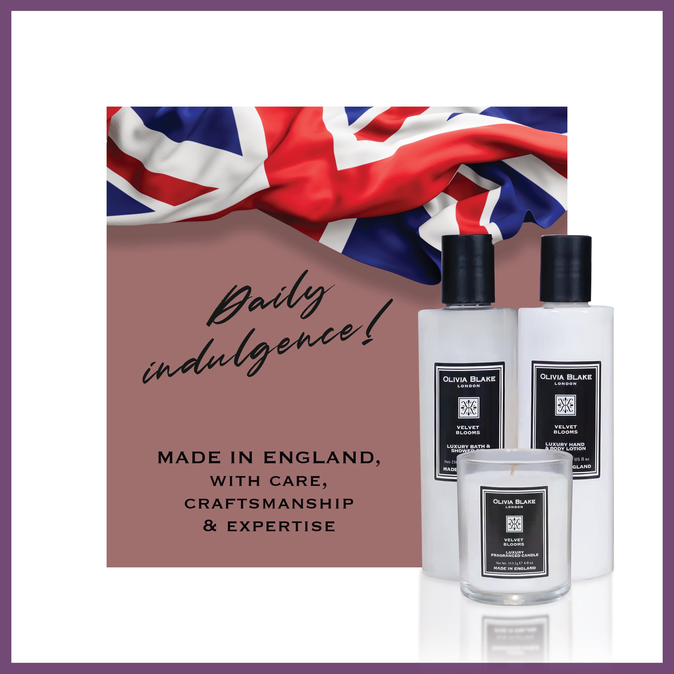 Olivia Blake Velvet Blooms Trio Gift Set – Luxury Bath & Shower Gel 250ml, Hand & Body Lotion 250ml, Fragranced Candle 100ml – Elegant Home & Body Collection, Made in London