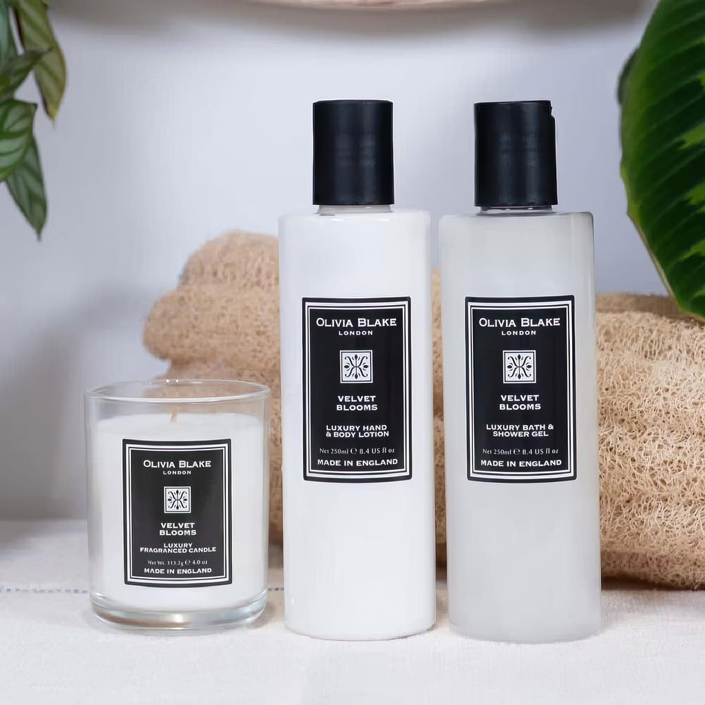 Olivia Blake Velvet Blooms Trio Gift Set – Luxury Bath & Shower Gel 250ml, Hand & Body Lotion 250ml, Fragranced Candle 100ml – Elegant Home & Body Collection, Made in London