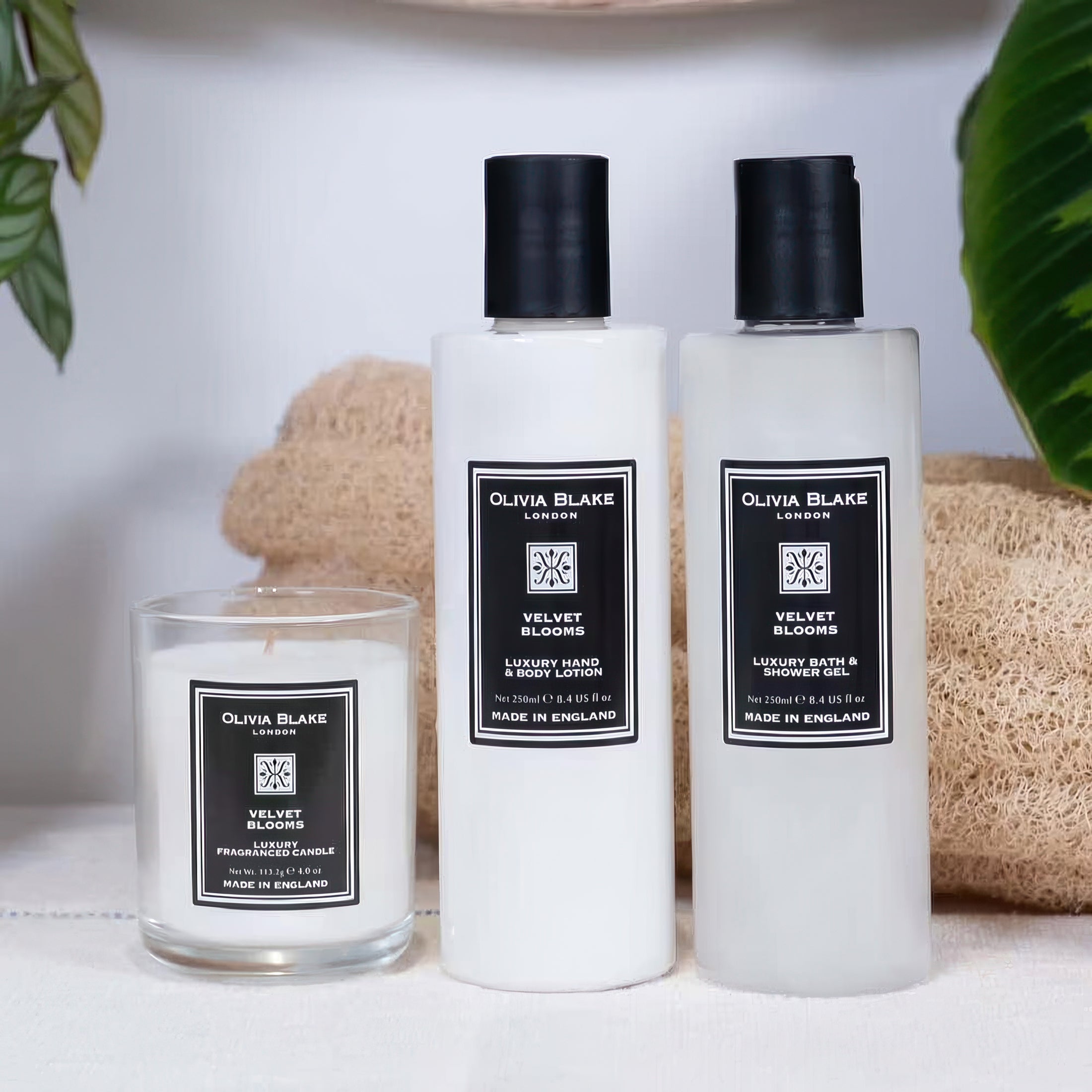 Olivia Blake Velvet Blooms Trio Gift Set – Luxury Bath & Shower Gel 250ml, Hand & Body Lotion 250ml, Fragranced Candle 100ml – Elegant Home & Body Collection, Made in London