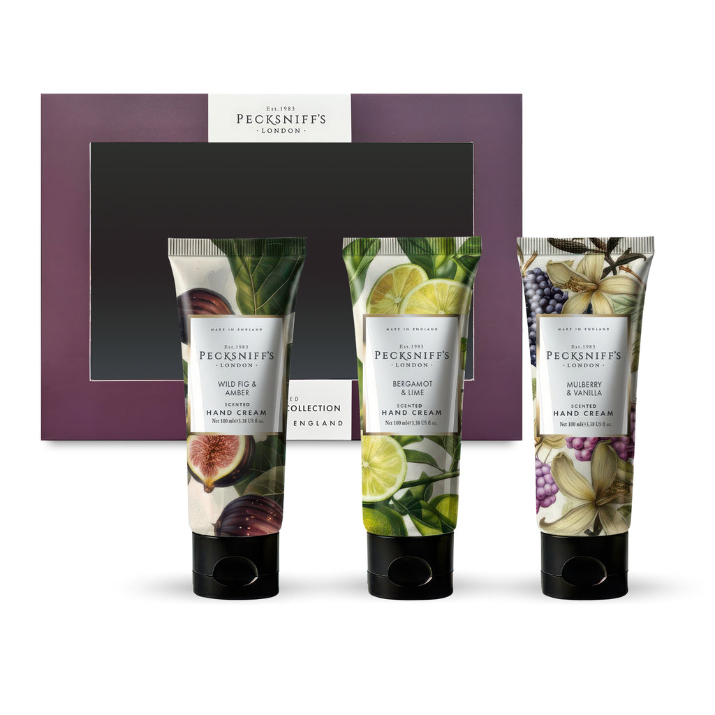 Pecksniff’s Luxury Hand Cream Gift Set – Wildwood Collection, 3 x 100ml Moisturizing Hand Creams – Wild Fig & Amber, Bergamot & Lime, Mulberry & Vanilla – Designed in England Skincare for Women & Men