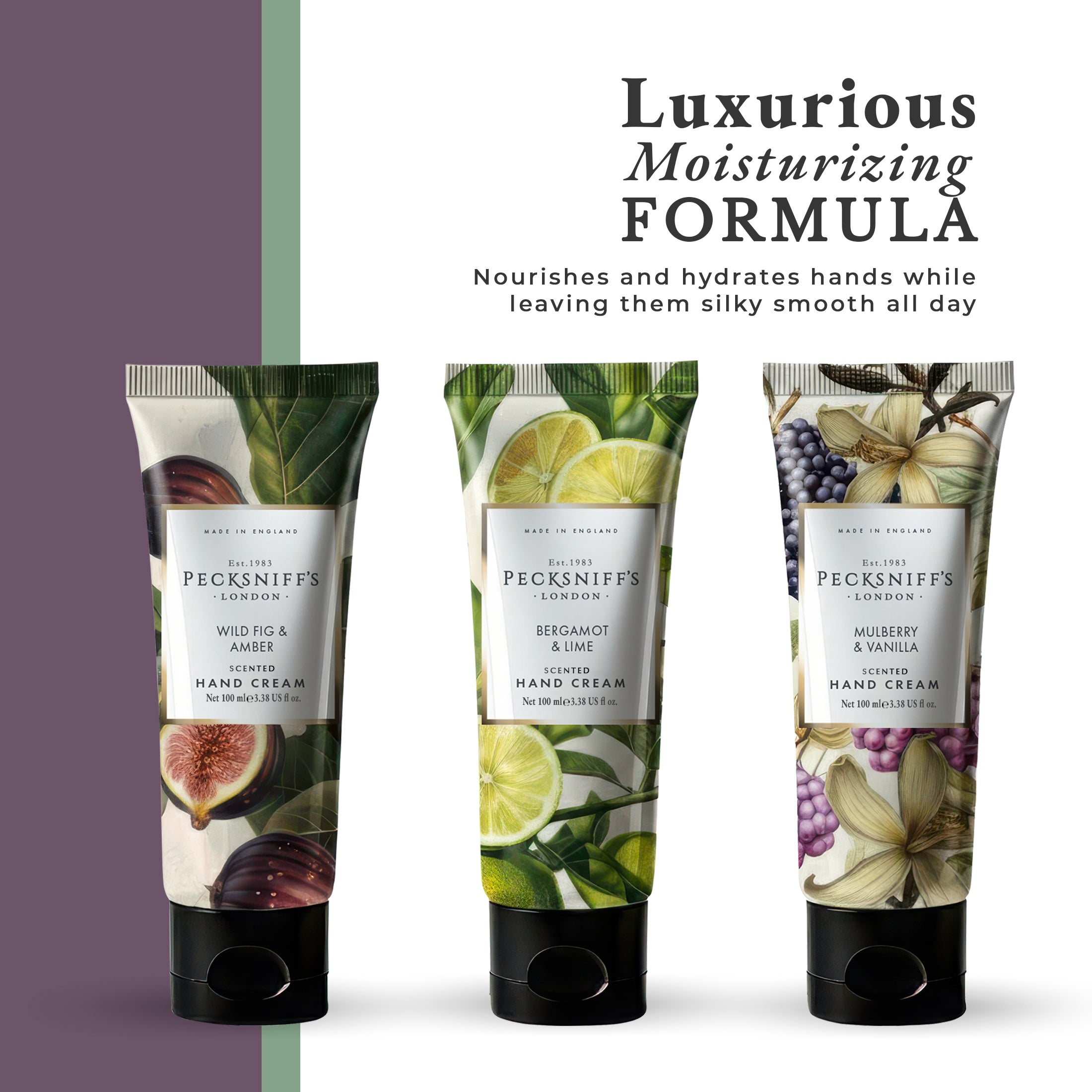 Pecksniff’s Luxury Hand Cream Gift Set – Wildwood Collection, 3 x 100ml Moisturizing Hand Creams – Wild Fig & Amber, Bergamot & Lime, Mulberry & Vanilla – Designed in England Skincare for Women & Men