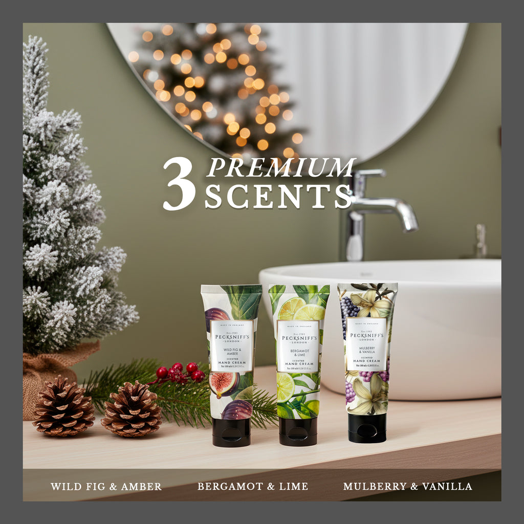 Pecksniff’s Luxury Hand Cream Gift Set – Wildwood Collection, 3 x 100ml Moisturizing Hand Creams – Wild Fig & Amber, Bergamot & Lime, Mulberry & Vanilla – Designed in England Skincare for Women & Men