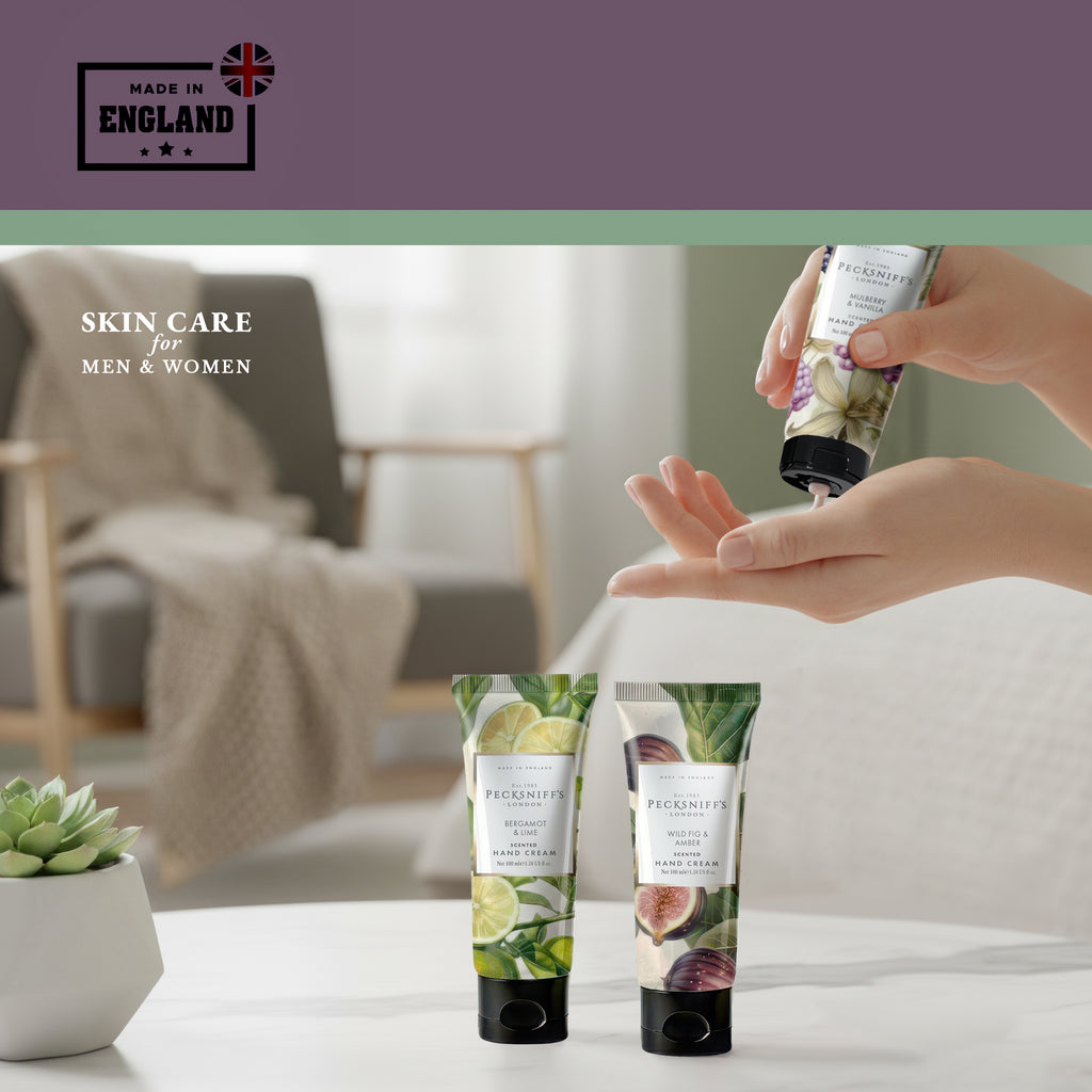 Pecksniff’s Luxury Hand Cream Gift Set – Wildwood Collection, 3 x 100ml Moisturizing Hand Creams – Wild Fig & Amber, Bergamot & Lime, Mulberry & Vanilla – Designed in England Skincare for Women & Men
