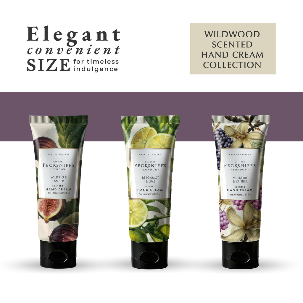 Pecksniff’s Luxury Hand Cream Gift Set – Wildwood Collection, 3 x 100ml Moisturizing Hand Creams – Wild Fig & Amber, Bergamot & Lime, Mulberry & Vanilla – Designed in England Skincare for Women & Men