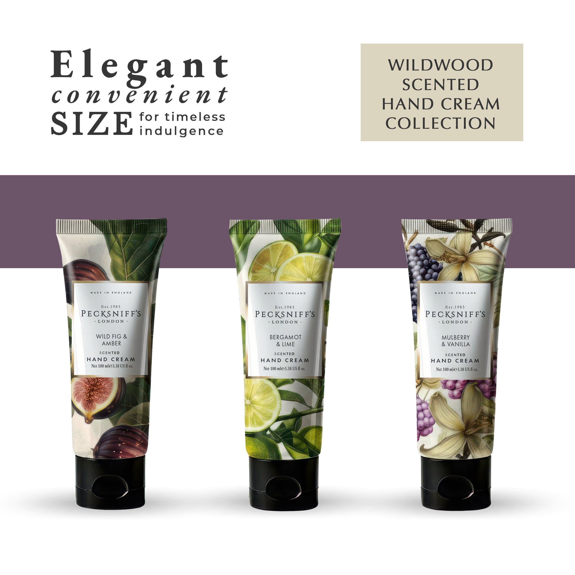 Pecksniff’s Luxury Hand Cream Gift Set – Wildwood Collection, 3 x 100ml Moisturizing Hand Creams – Wild Fig & Amber, Bergamot & Lime, Mulberry & Vanilla – Designed in England Skincare for Women & Men