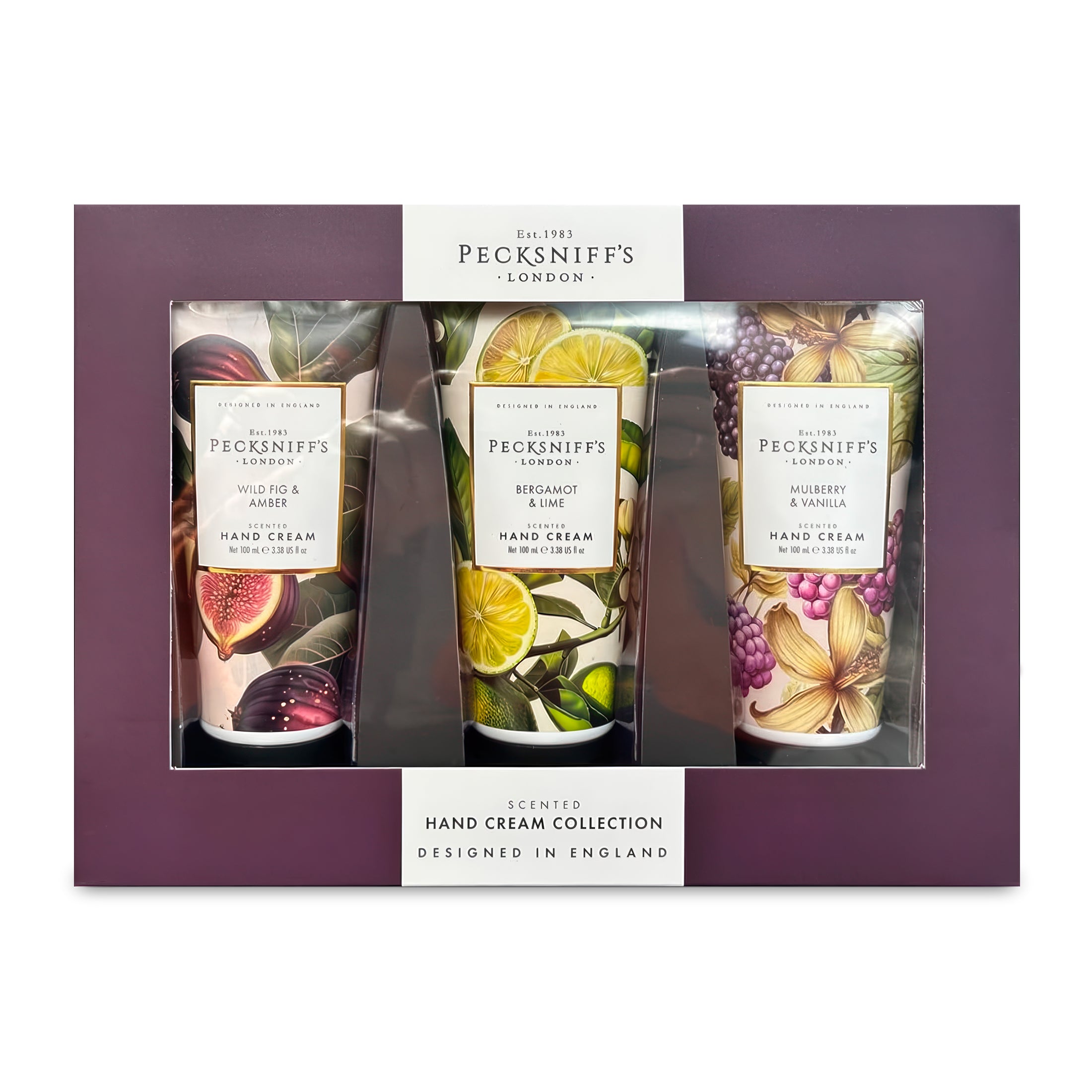 Pecksniff’s Luxury Hand Cream Gift Set – Wildwood Collection, 3 x 100ml Moisturizing Hand Creams – Wild Fig & Amber, Bergamot & Lime, Mulberry & Vanilla – Designed in England Skincare for Women & Men
